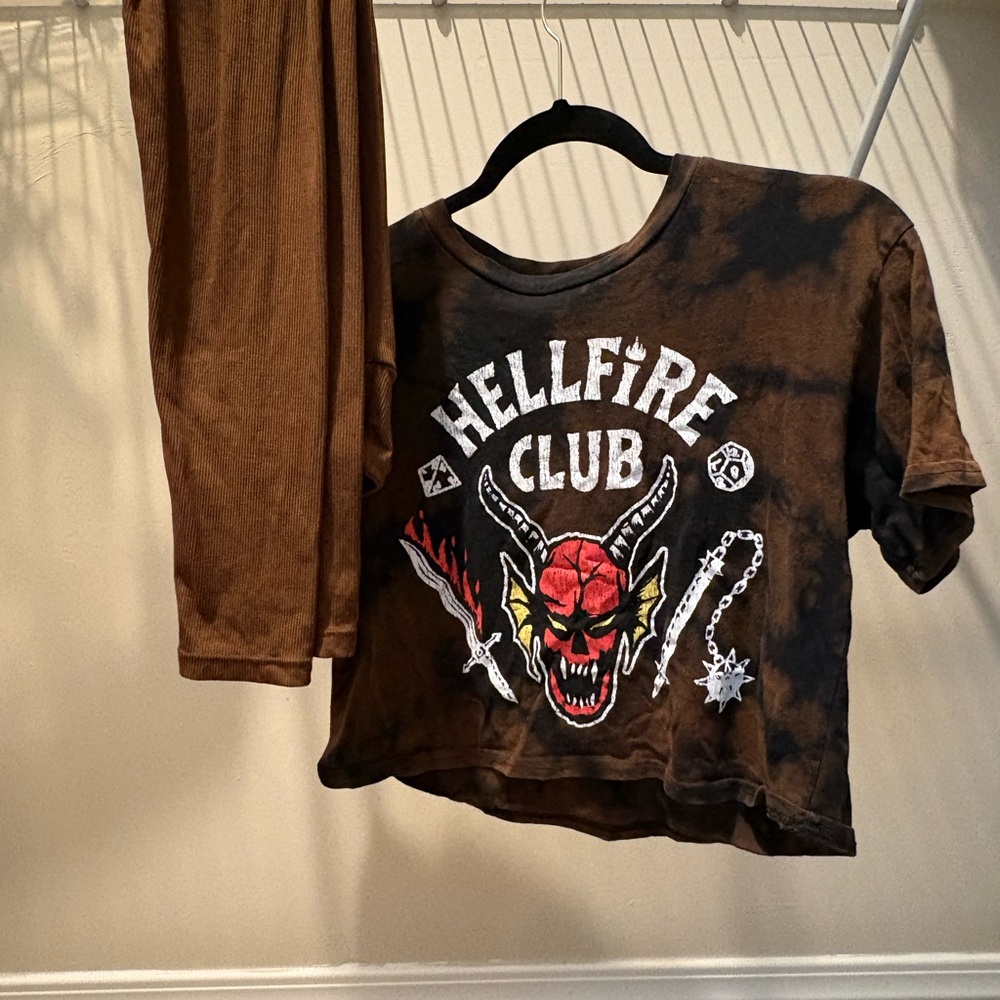 Stranger Things Hellfire Club Cropped Tee + Brown Ribbed Pants Set